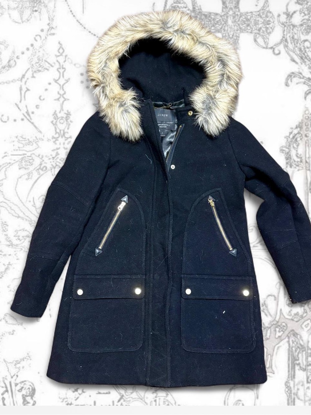 J. Crew stadium cloth by Nello Gori Hooded Pea Coat with Faux Fur Trim